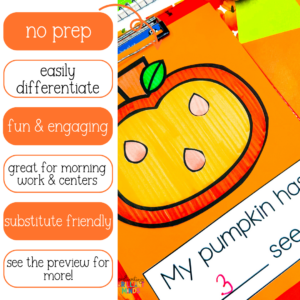 Promotional image for a pumpkin-themed classroom activity: orange feature badges read 'no prep', 'easily differentiate', 'fun & engaging', plus 'substitute friendly' and 'see the preview for more', with a bright pumpkin worksheet on the right.