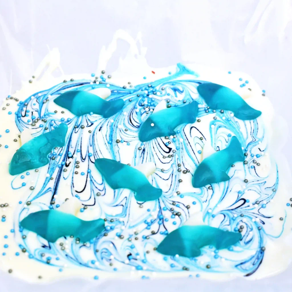 white chocolate bark with gummy sharks