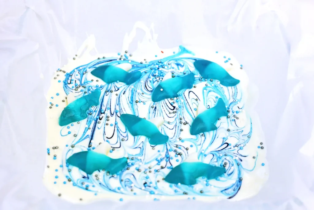 Shark Bark - Cultivating Brilliant Minds white chocolate bark with gummy sharks