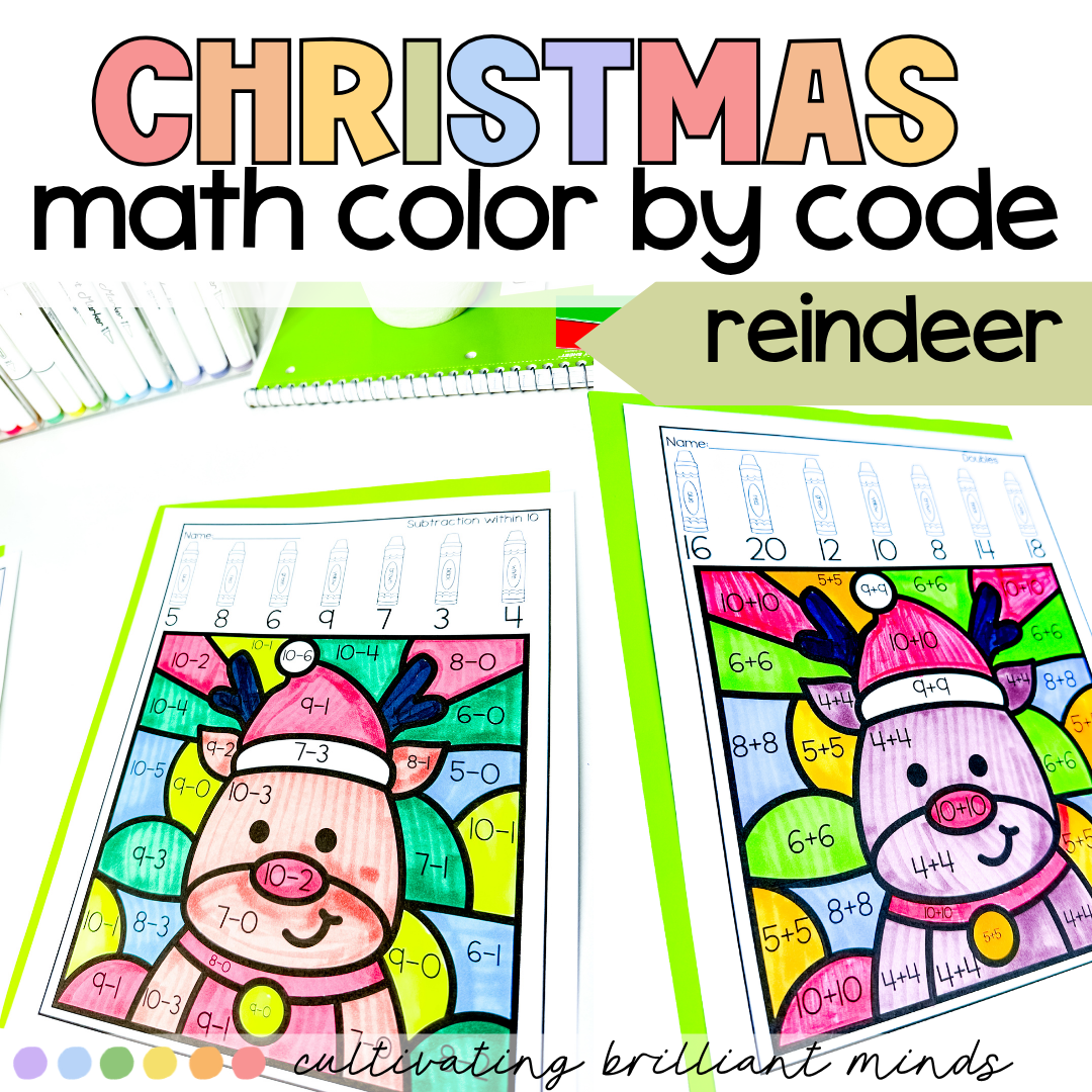 Reindeer Math Color by Code2 - Cultivating Brilliant Minds Reindeer Math Color by Code