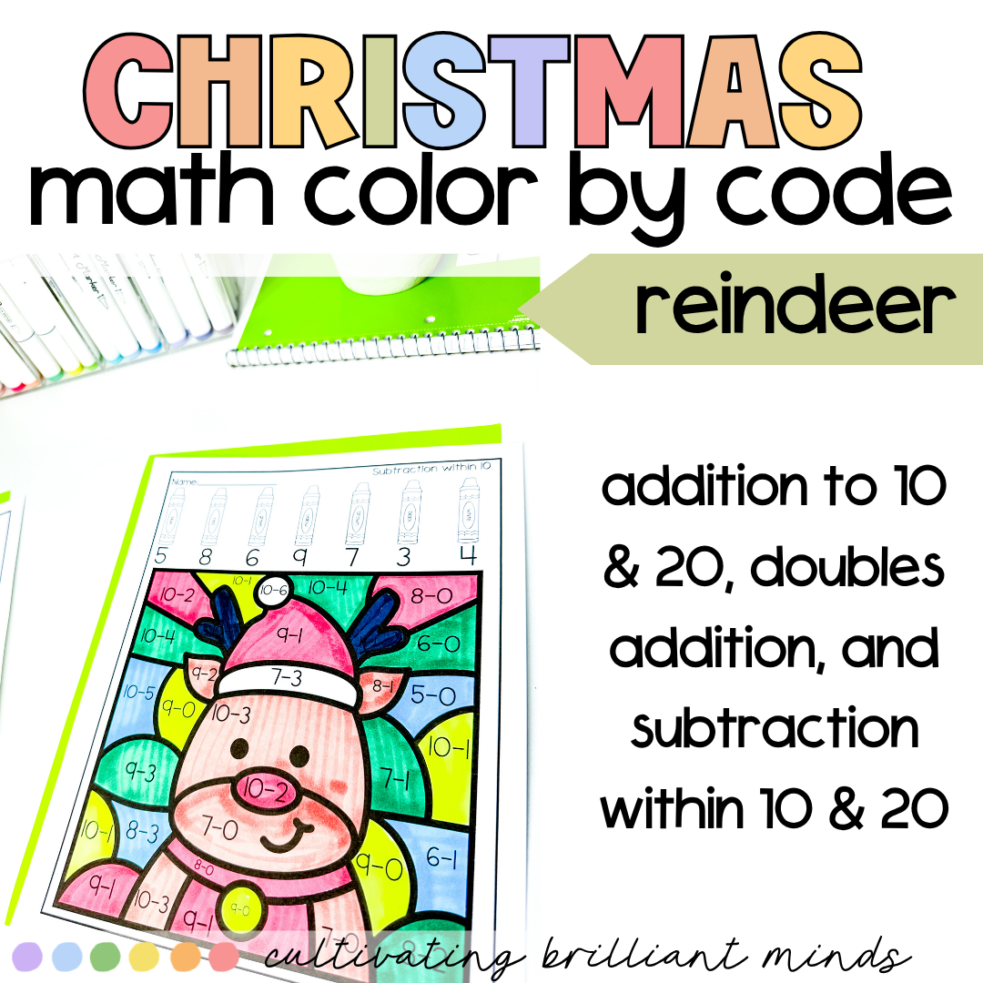 Reindeer Math Color by Code4 - Cultivating Brilliant Minds Reindeer Math Color by Code