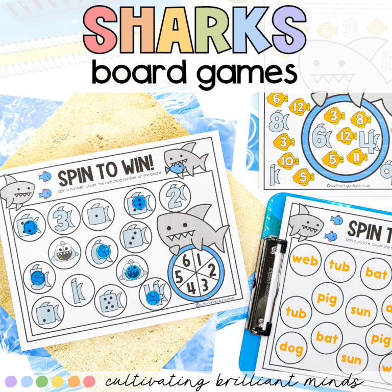 shark themed printable board games focuses on learning the alphabet, phonics patterns, and math concepts