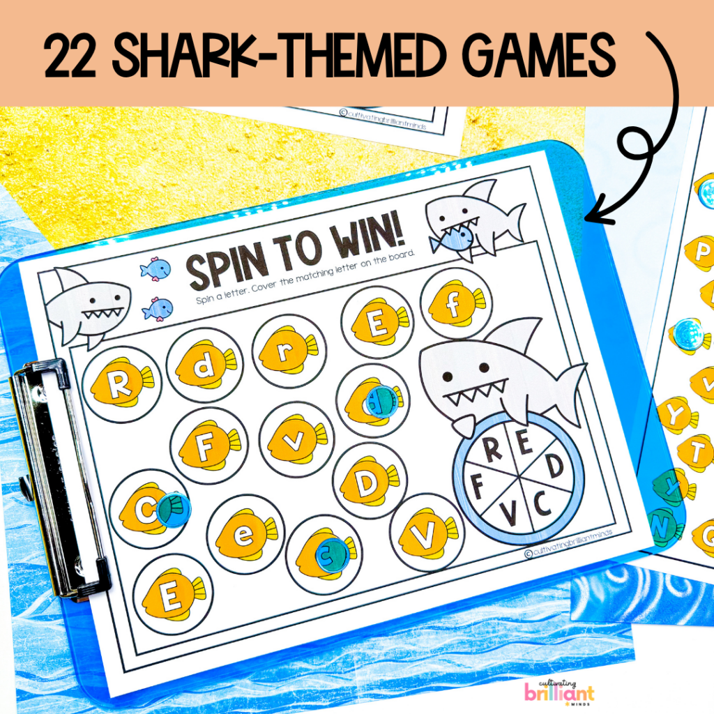 shark themed printable board games focuses on learning the alphabet, phonics patterns, and math concepts