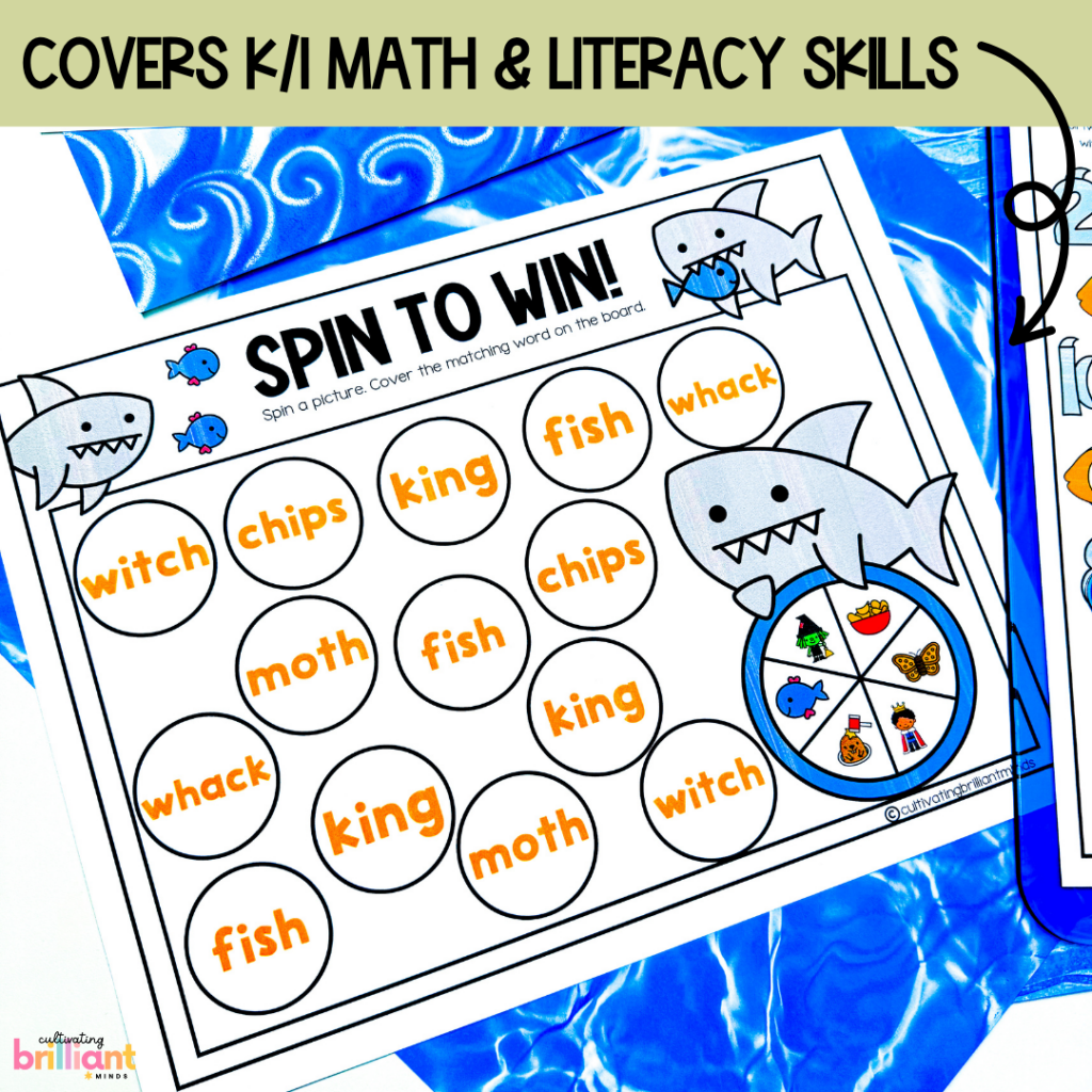 shark themed printable board games focuses on learning the alphabet, phonics patterns, and math concepts