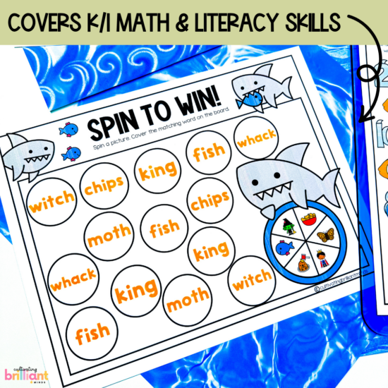 shark themed printable board games focuses on learning the alphabet, phonics patterns, and math concepts