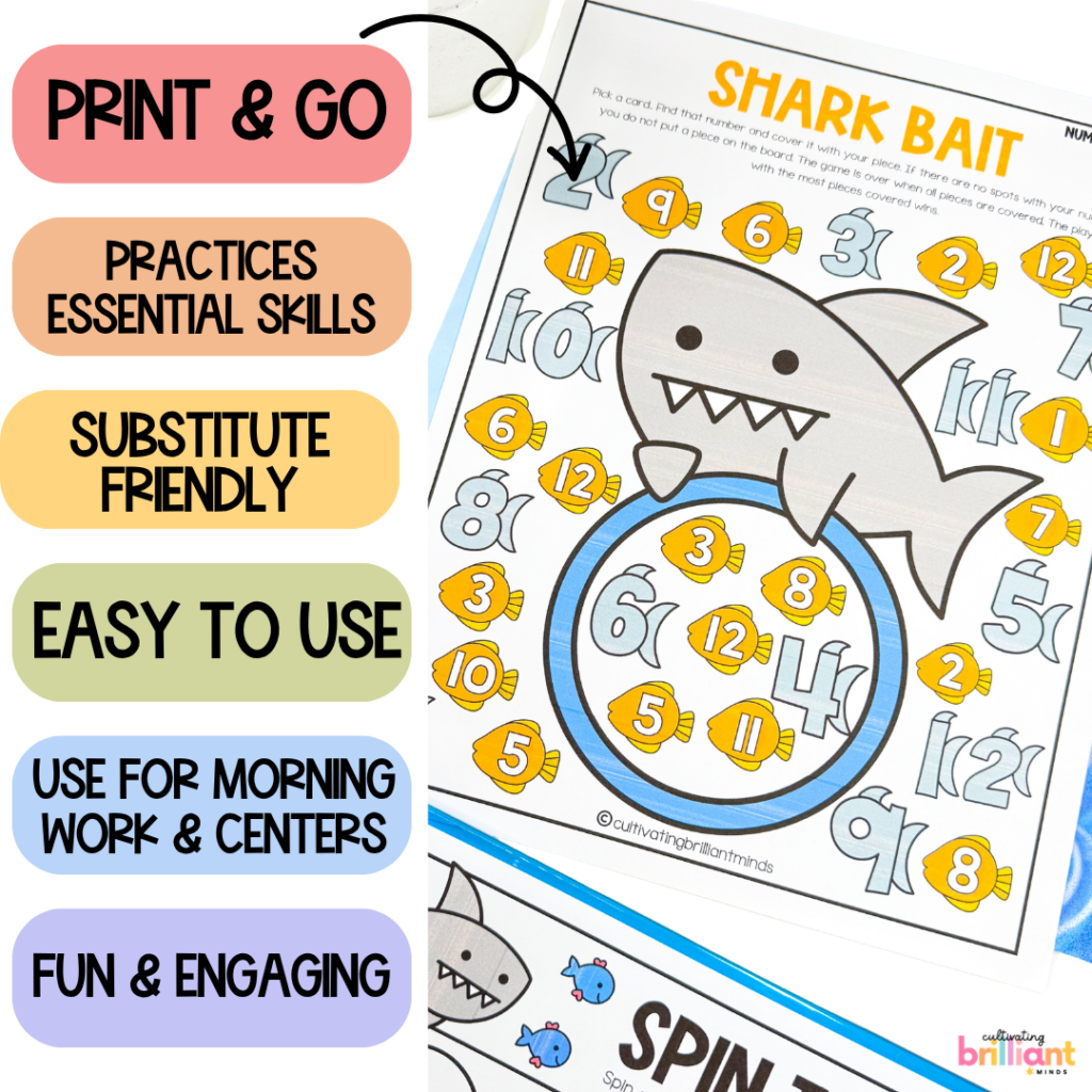 shark themed printable board games focuses on learning the alphabet, phonics patterns, and math concepts