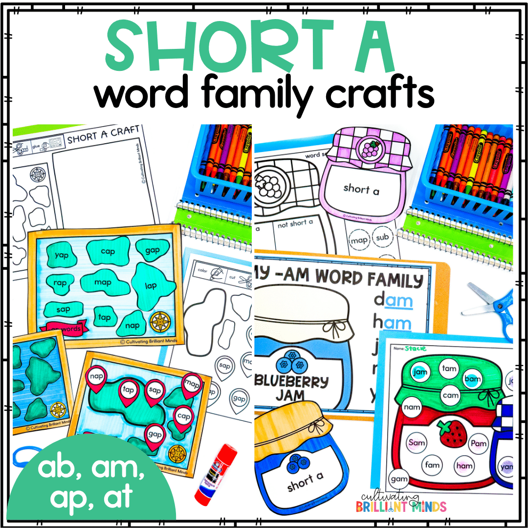 Short A Word Family Crafts - Cultivating Brilliant Minds crafts and worksheets to practice short a word families