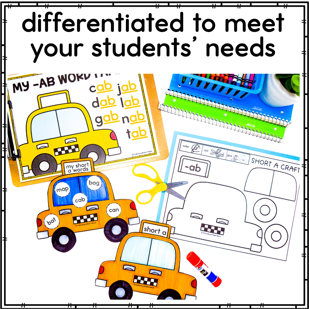 Short A Word Family Crafts - Cultivating Brilliant Minds crafts and worksheets to practice short a word families