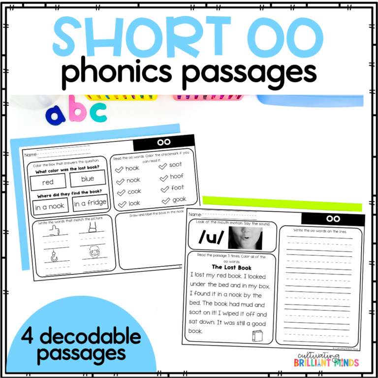 Banner for a short-oo phonics passages resource: 4 decodable passages for early readers—educational worksheet set.