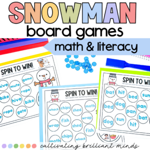 Colorful cover for Snowman board games: math and literacy activities with word circles and game sheets.