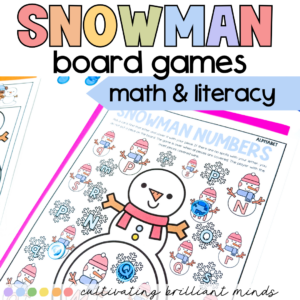 Colorful poster showing 'Snowman board games' for math and literacy with a cheerful snowman on a worksheets page and alphabet snowflakes around it.
