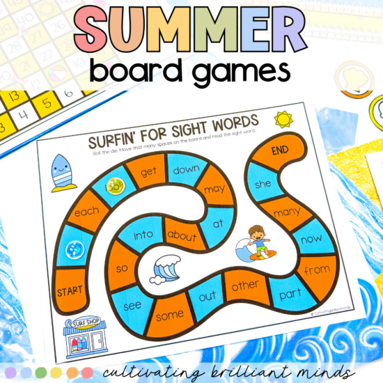 summer themed printable board games focuses on learning the alphabet, phonics patterns, and math concepts
