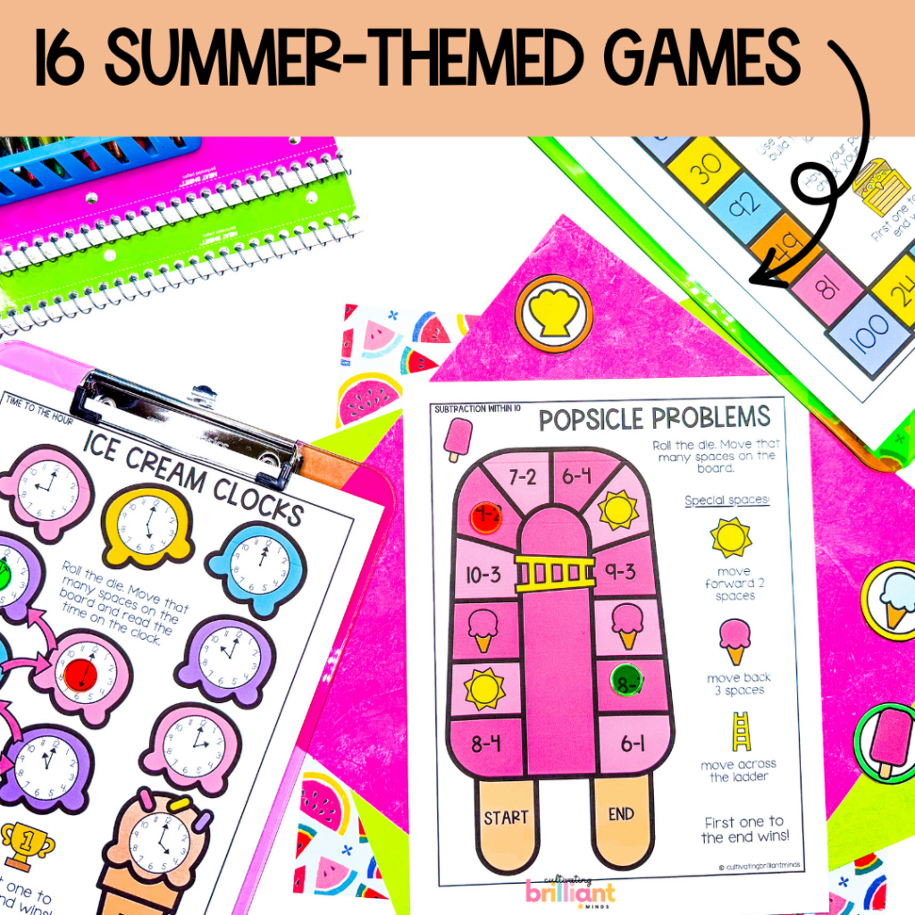 summer themed printable board games focuses on learning the alphabet, phonics patterns, and math concepts
