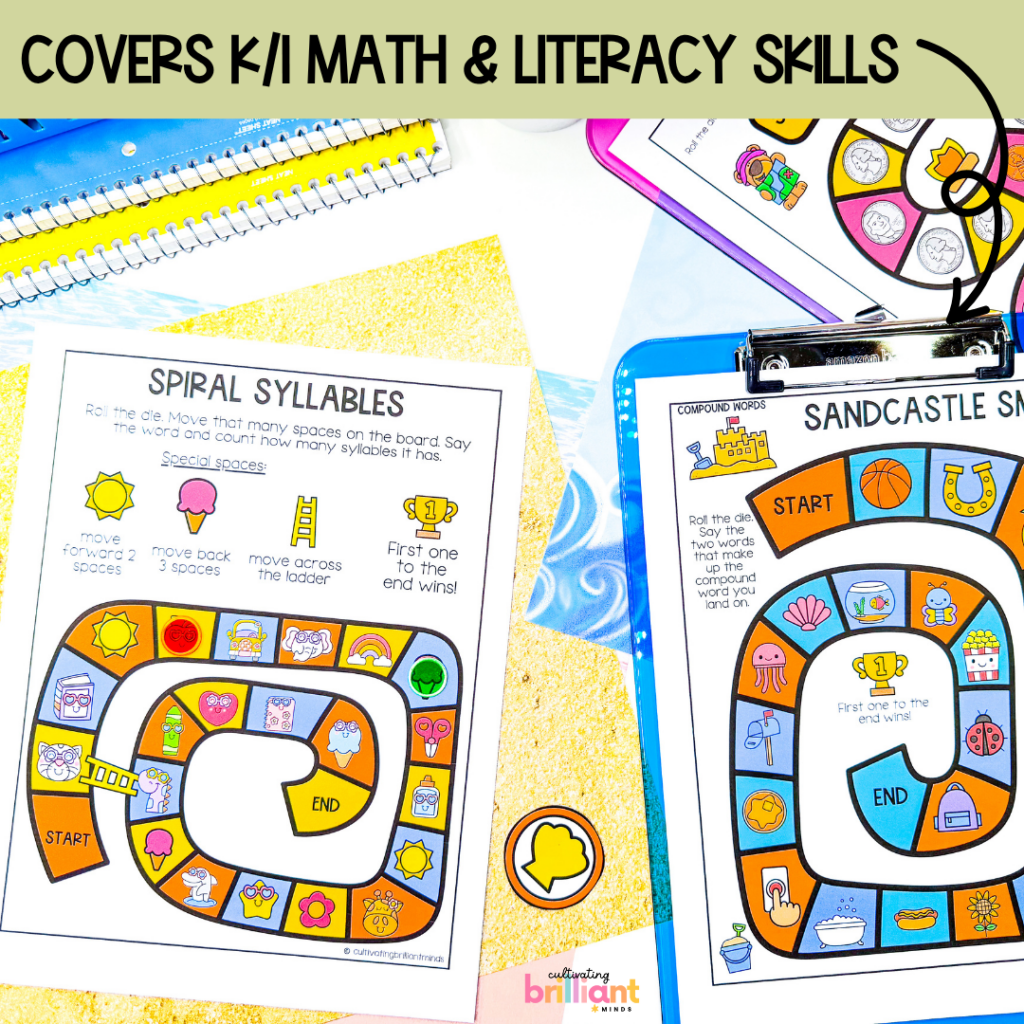 summer themed printable board games focuses on learning the alphabet, phonics patterns, and math concepts