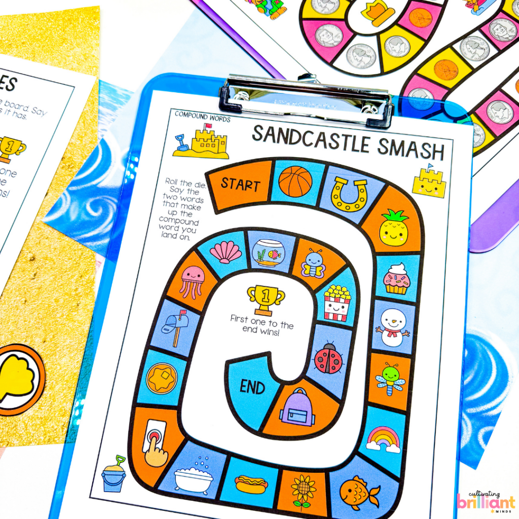 summer themed printable board games focuses on learning the alphabet, phonics patterns, and math concepts