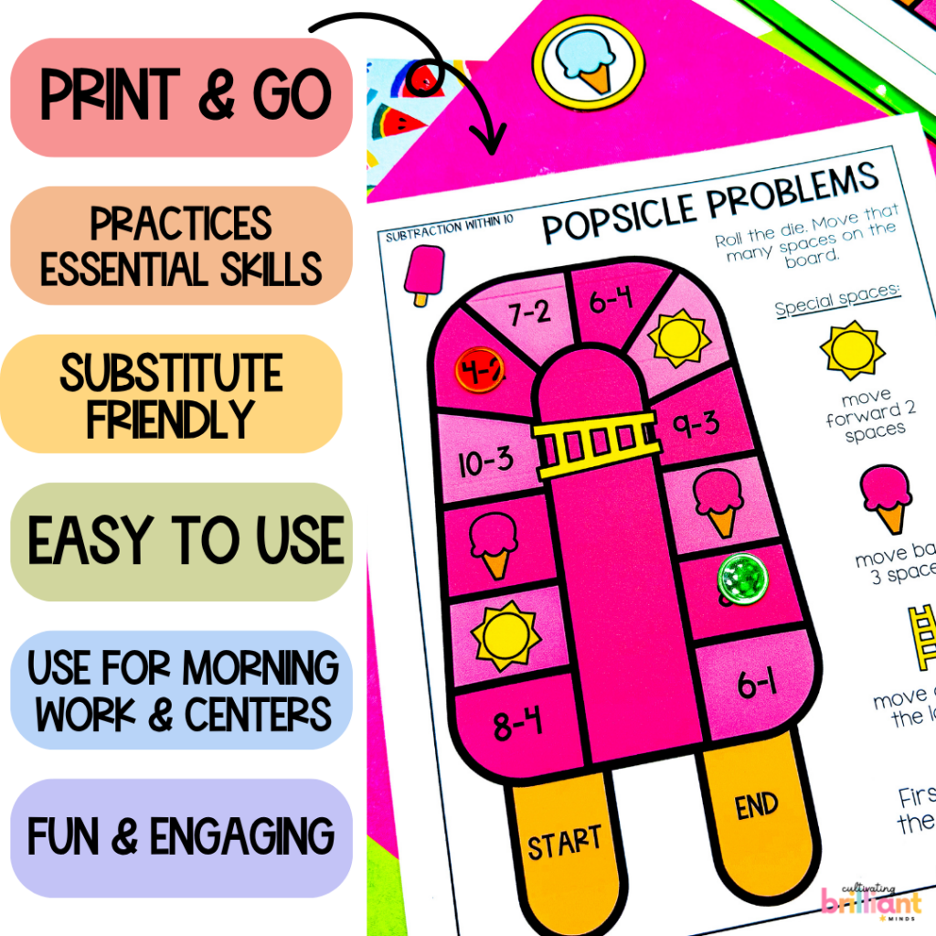 summer themed printable board games focuses on learning the alphabet, phonics patterns, and math concepts