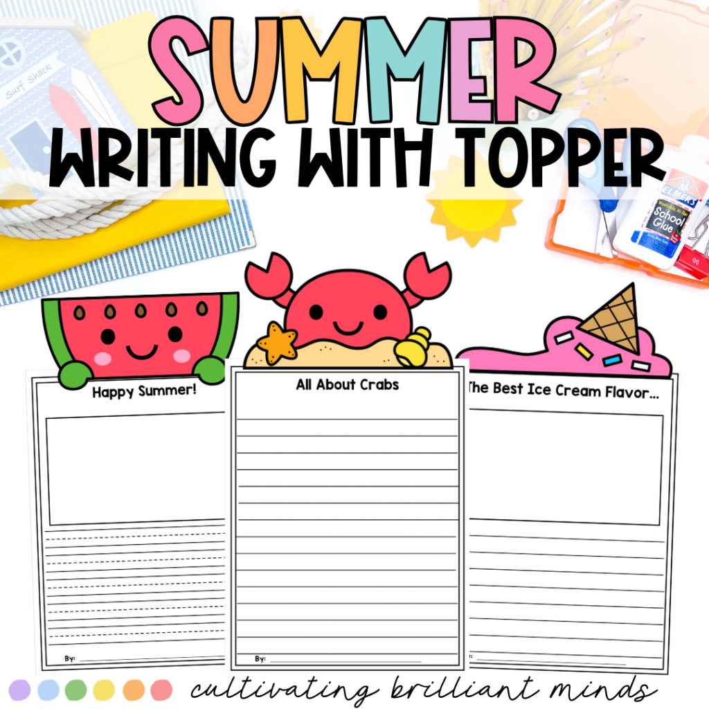 summer writing pages with summer-themed animals and items on top