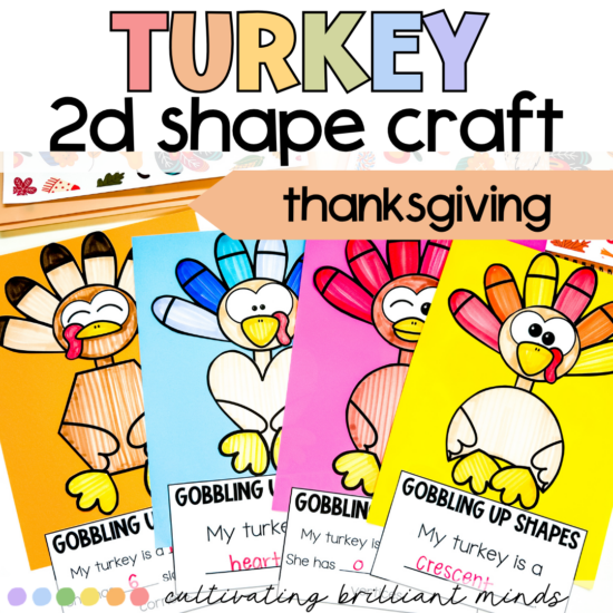 Colorful classroom collage of 2D turkey shape crafts for Thanksgiving, with bright cards and a ‘Gobbling up shapes’ banner (educational handouts).