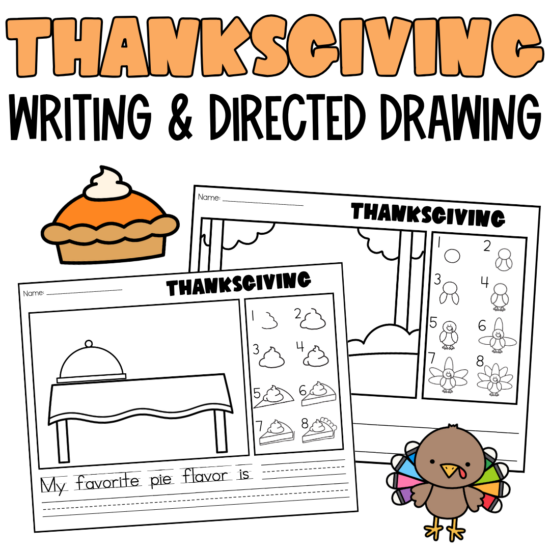 Three Thanksgiving-themed worksheets for writing and directed drawing, featuring a pie, a covered dish, and a cartoon turkey.