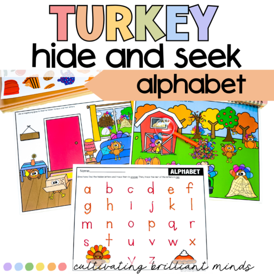 Educational image showing a 'Turkey Hide and Seek Alphabet' activity with colorful letters, worksheets, and a turkey-themed game for kids.