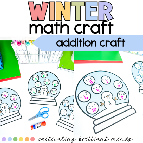 Colorful 'Winter math craft' banner over a collage of snow globe addition activity sheets and craft supplies like scissors, glue, and notebooks.