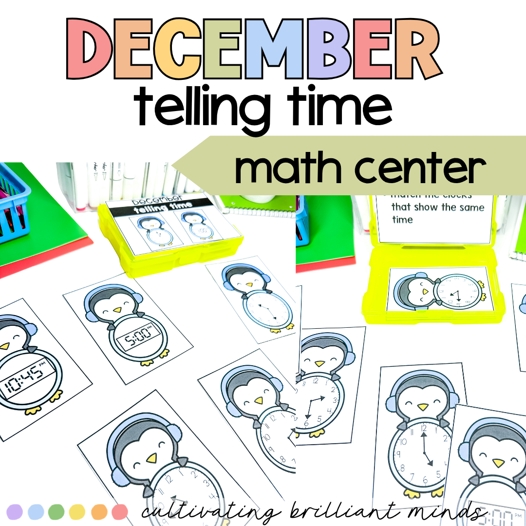 Winter Telling Time Task Cards3 - Cultivating Brilliant Minds Decorative image promoting December telling-time math center with penguin clock cutouts and timer visuals