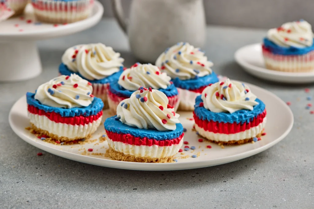 Patriotic cheesecakes with white swirls and red, blue sprinkles on a white platebaseed on a gray countertop