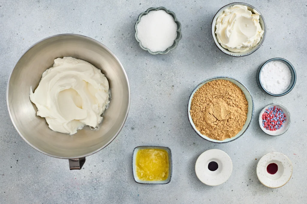 ingredients for the Red, White, and Blue No-Bake Cheesecakes