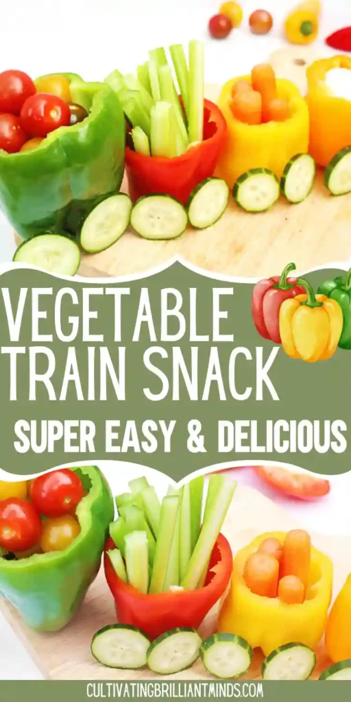 vegetables organized to look like a vegetable train that has various veggies inside bell peppers with cucumber slices for wheels