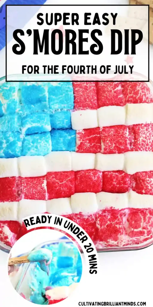 Patriotic marshmallow squares in red, white, and blue arranged in a glass dish with star confetti and crackers to the side.