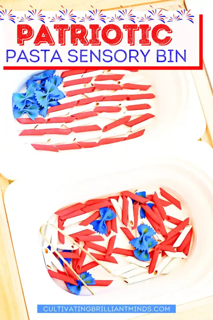 Assorted tricolor pasta (red and white tubes) with blue bow-tie pasta in a white container next to a container with the pasta arranged as an american flag