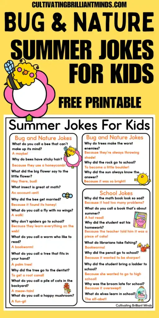 Bright yellow poster advertising'Summer Jokes for Kids' free printable, with a cartoon bee on a pink flower and two joke columns.
