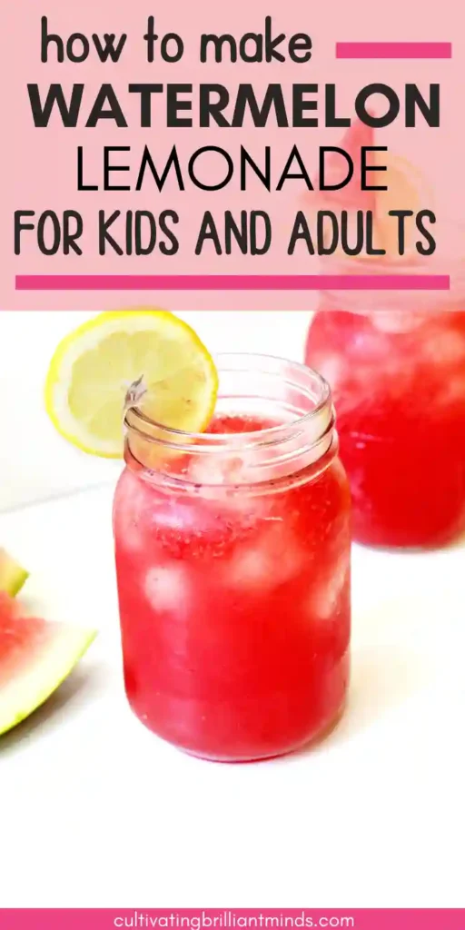 watermelon lemonade with ice and a lemon slice on the edge of the mason jar