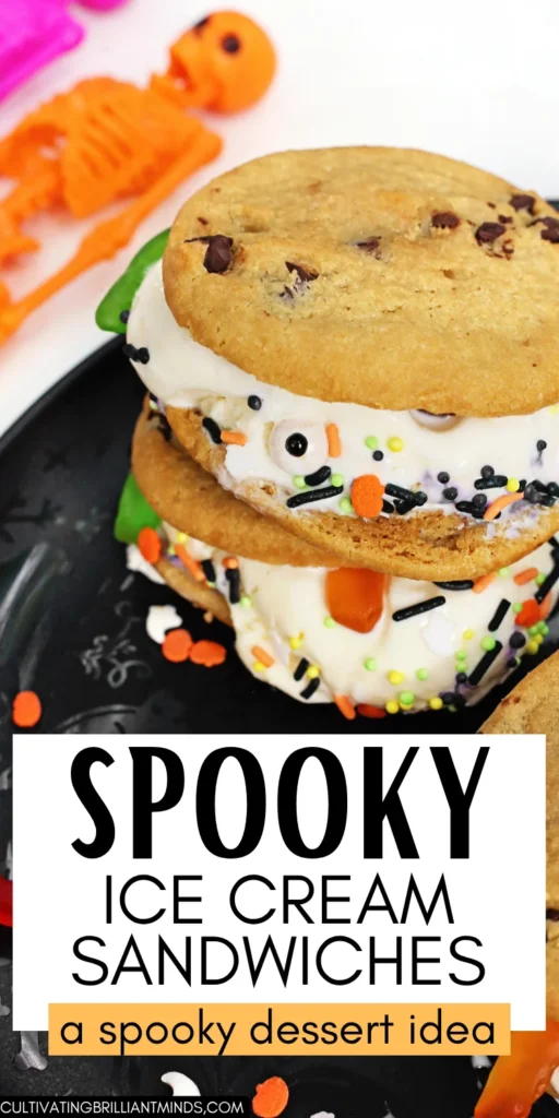 ice cream sandwiches made out cookies, vanilla ice cream, and halloween sprinkles with text that reads "spooky ice cream sandwiches a spooky dessert idea"