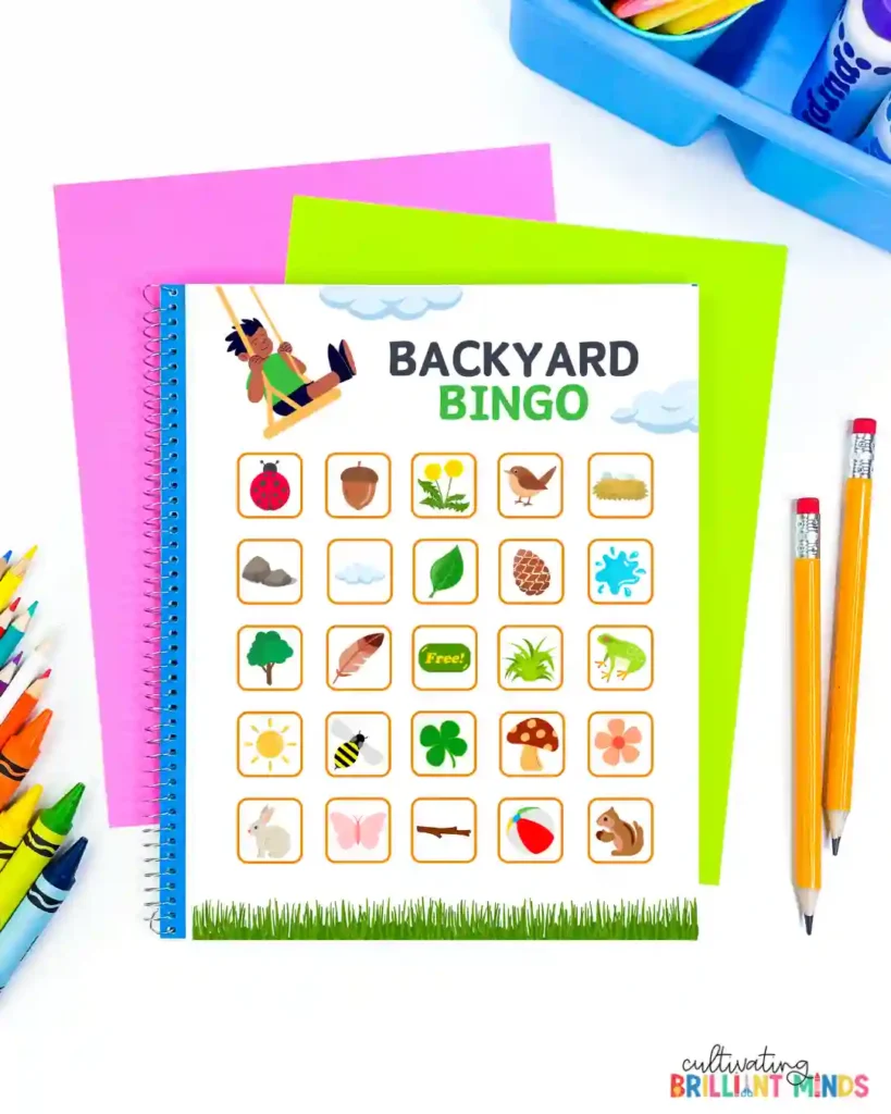 backyard bingo cards that have backyard nature items on it, like a ladybug and a rock.