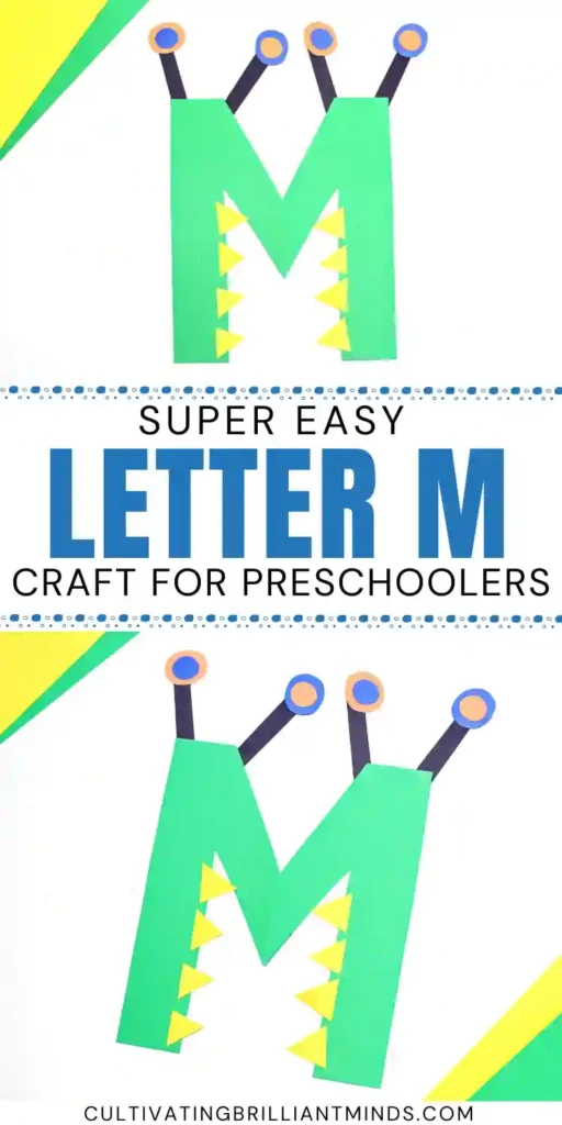 a letter m monster craft made out of construction paper with a green letter m that has eyes and teeth