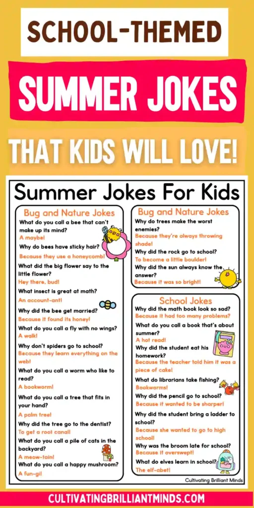 Colorful school-themed poster advertising'Summer Jokes' for kids, with sections on bugs, nature, and school jokes.