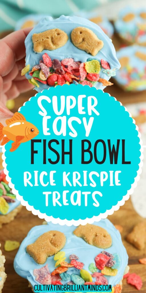 fish bowl rice krispie treats with goldfish crackers and fruity pebbles on a wooden cutting board