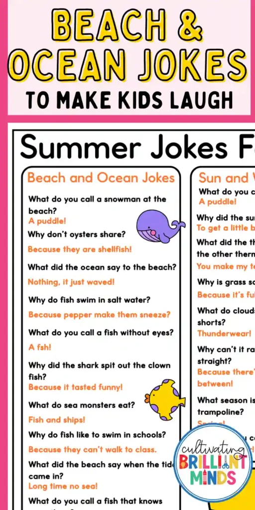 Colorful kids' poster with the title 'Beach & Ocean Jokes to Make Kids Laugh', two joke panels about sea life (whale and fish illustrations), and a 'Cultivating Brilliant Minds' sticker.