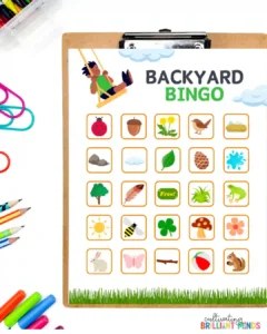 Backyard Bingo activity sheet on a clipboard with a 5x5 grid of nature icons in orange frames (ladybug, acorn, dandelion, bird, hay, rock, cloud, leaf, pinecone, splash, tree, feather, Free!, grass, frog, sun, bee, clover, mushroom, flower, rabbit, butterfly, branch, ball, squirrel).