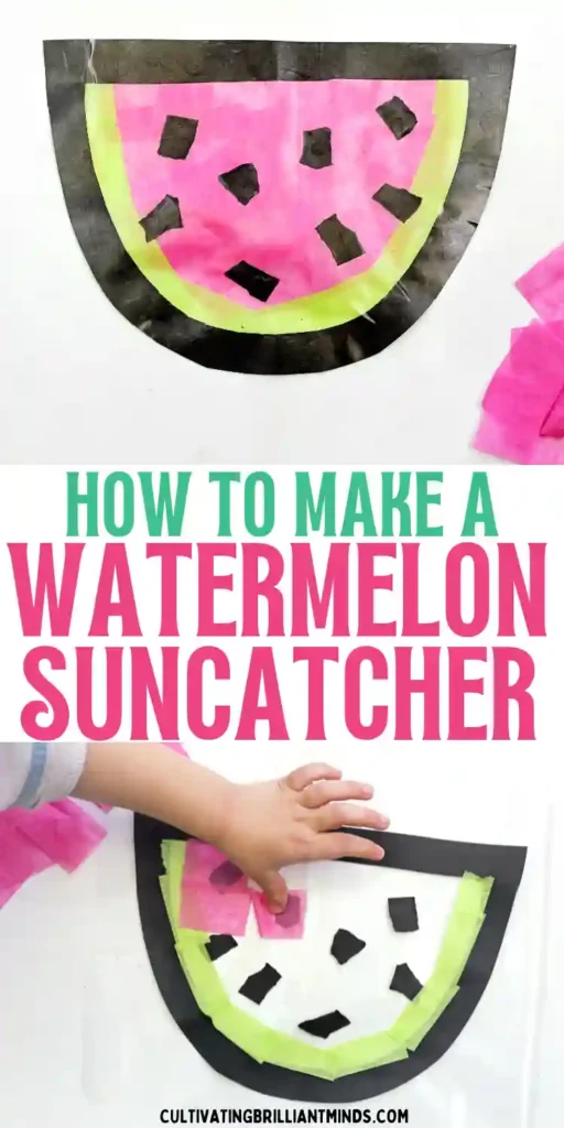 a watermelon suncatcher made of contact paper, construction paper, and tissue paper