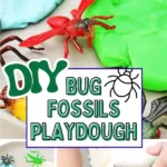 A bug fossil playdough tray with toy bugs and colored playdough