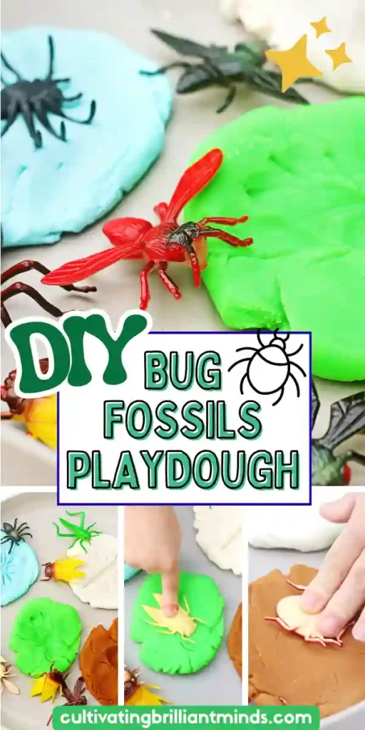 A bug fossil playdough tray with toy bugs and colored playdough
