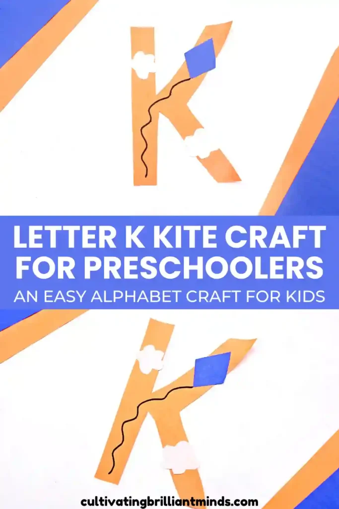a letter k cut out of construction paper with a kite and clouds