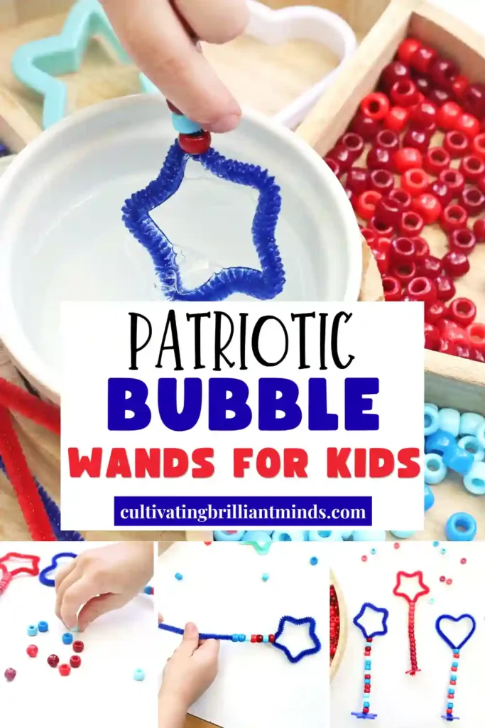 Beaded wands with red and blue pipe-cleaner shapes (star and heart) hanging from striped bead strings, with a wooden tray of beads visible on the left.