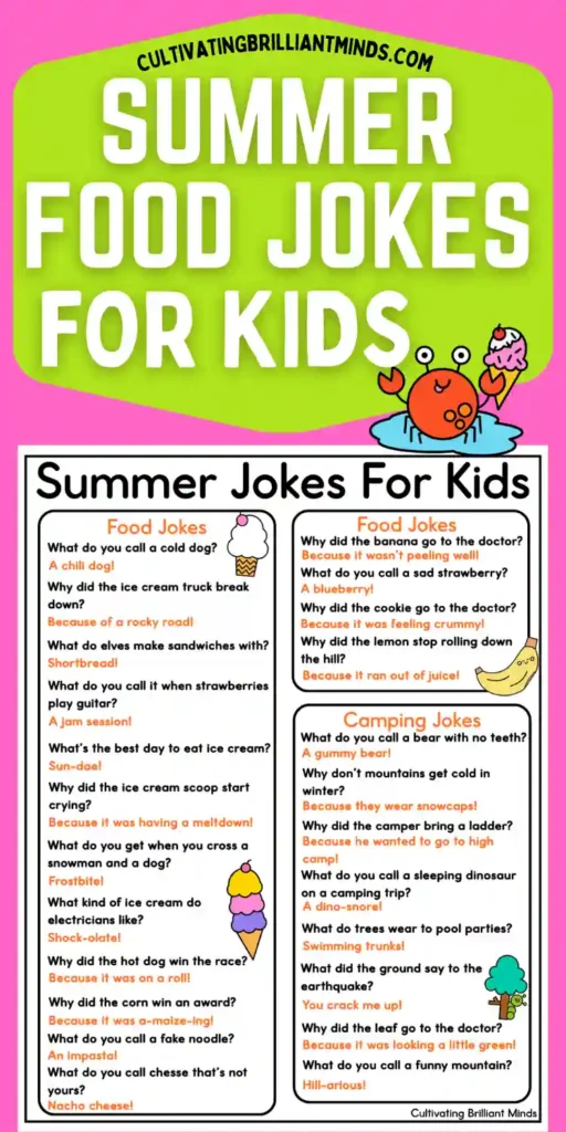 Bright poster advertising'Summer Jokes For Kids' with a lime-green title block on a pink background; features a cartoon crab with an ice cream cone and two columns of kid-friendly jokes about food and camping.