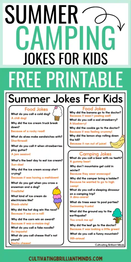 Colorful poster reading'Summer Camping Jokes for Kids' advertising a free printable with three joke panels and small camping illustrations.