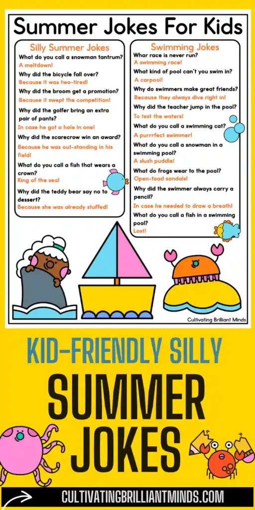 Kid-friendly poster titled'Summer Jokes For Kids' with two joke columns, playful boat and sea creature illustrations, and a bright yellow border.