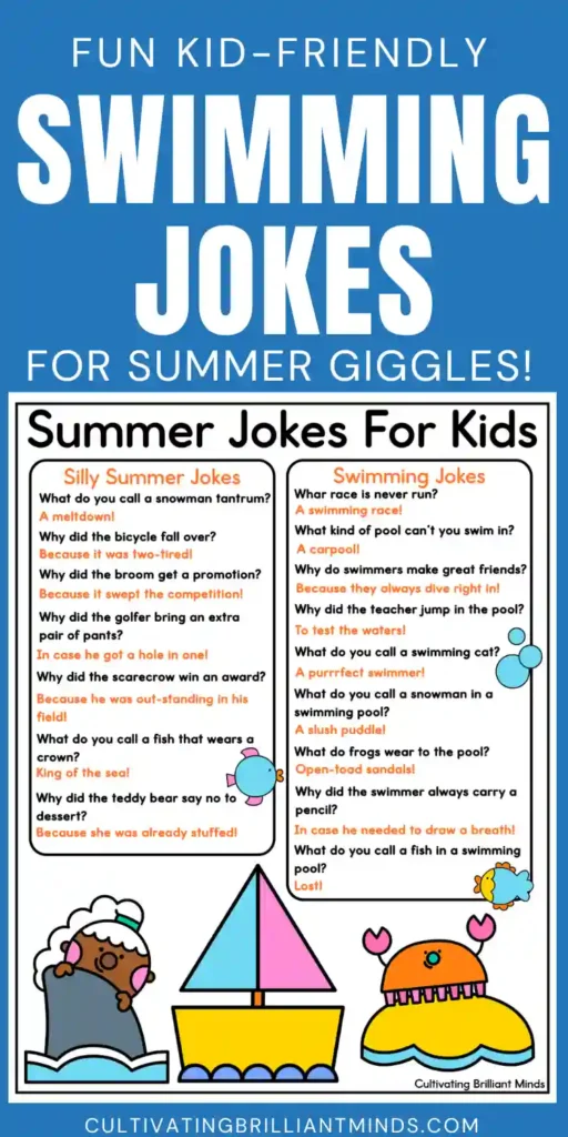 Poster advertising fun, kid-friendly swimming jokes, featuring two joke panels and playful boats and sea creatures at the bottom.
