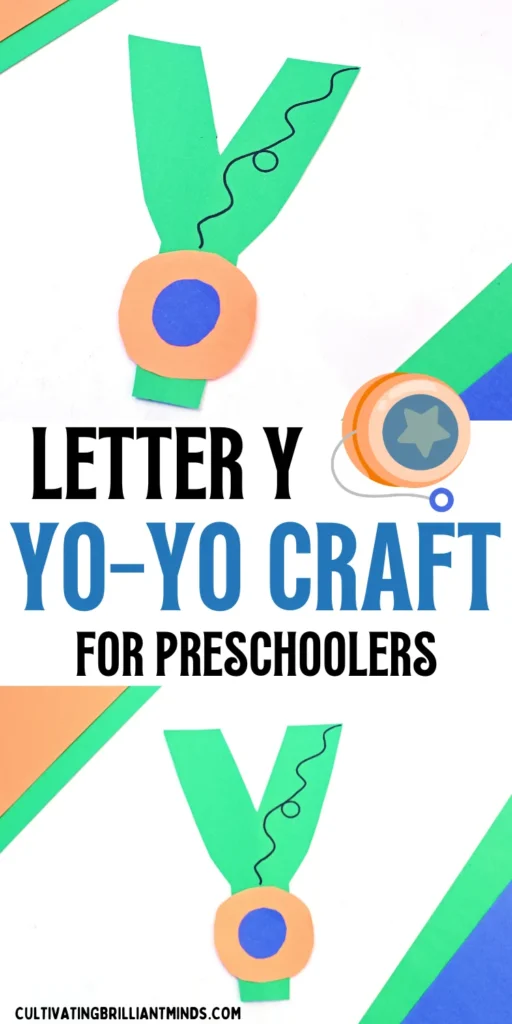 a letter y craft that has a letter y cut out of green construction paper and a construction paper yoyo attached